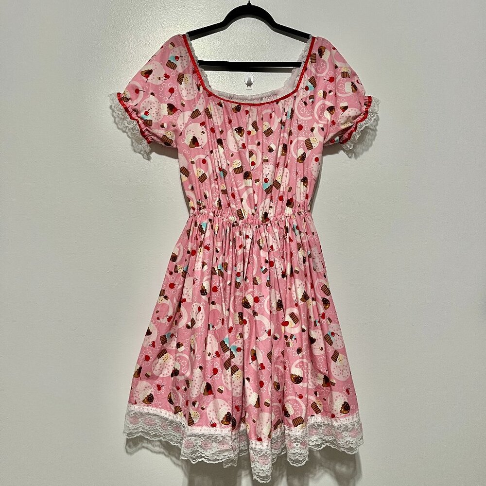 Handmade Womens Puff Sleeve Cupcake Dress S Pink Kawaii Coquette Harajuku Kitsch
